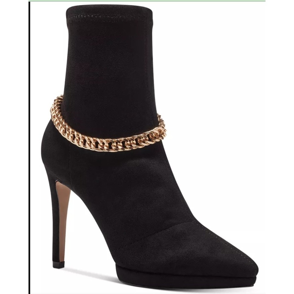 Jessica Simpson Black Suede Pointed Toe Stiletto Ankle Boots Gold Chain‎ 11 NEW